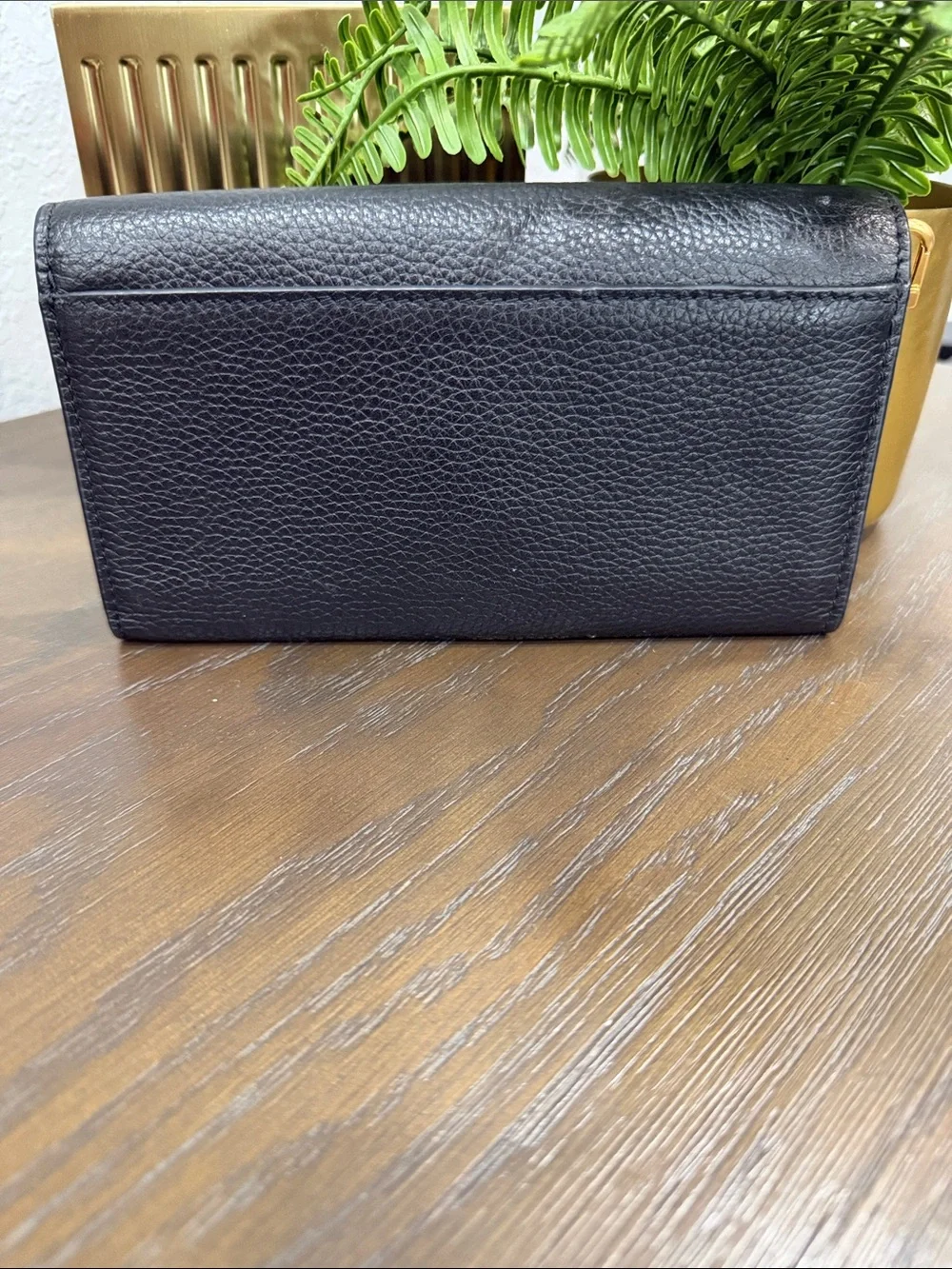 Tory Burch Black Leather Wristlet with Gold Logo Emblem